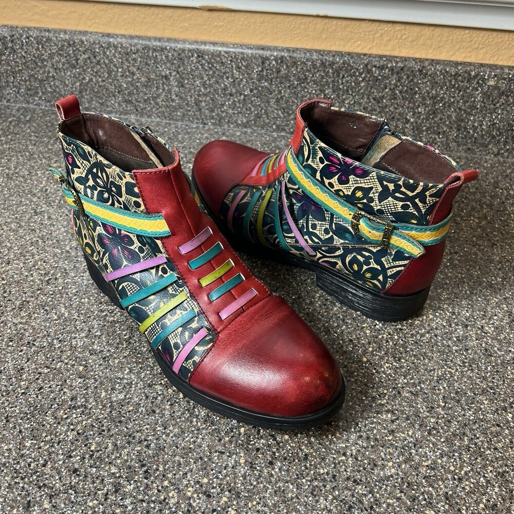 Socofy Ankle Boots Women's EU 40 US 9.5 Multicolor Leather Floral Block Heel Zip